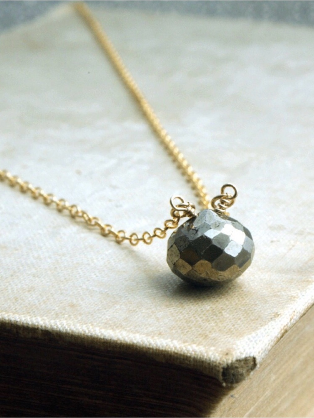 Faceted Pyrite Pendant Necklace with Gold Tone Chain